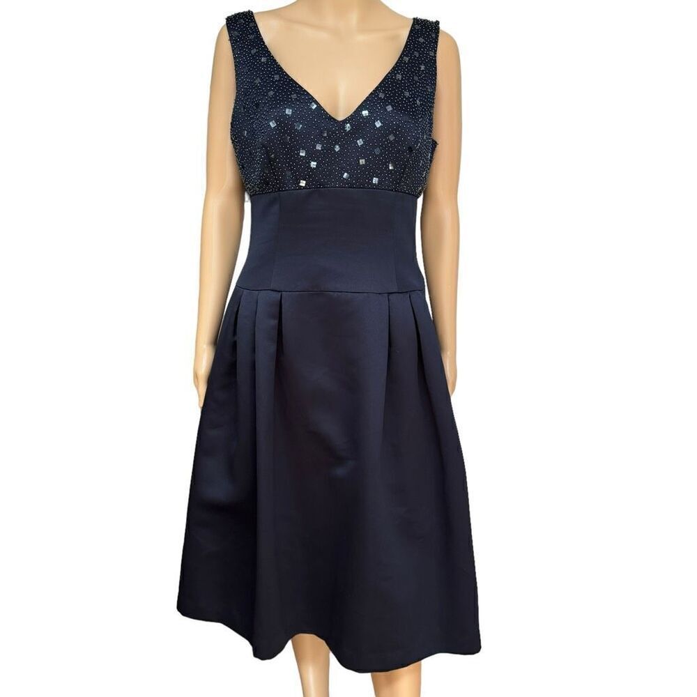 Talbots Beaded Navy Satin Cocktail Dress Size 10